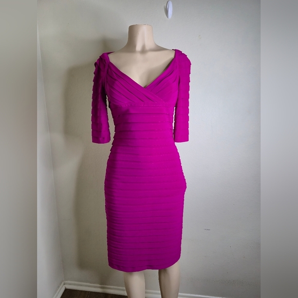Adrianna Papell Pink Bodycon Dress V-Neck Ruched - Picture 1 of 4
